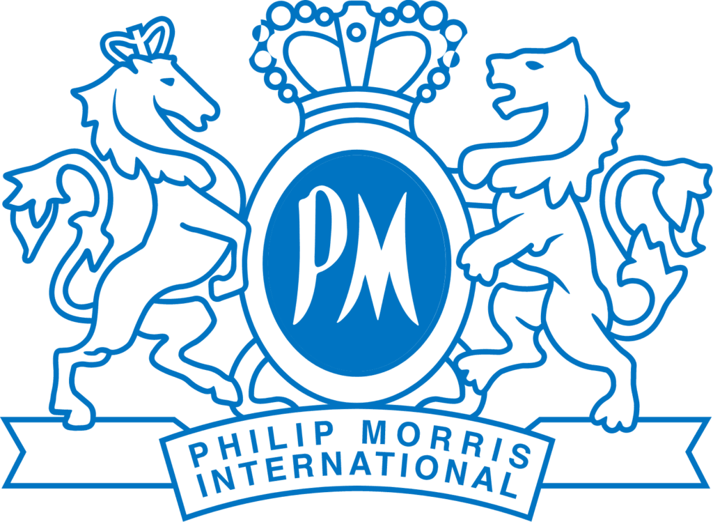 Blue Philip Morris International logo with two lions facing each other, holding a circular emblem with "PM" in the center, topped with a crown—perfectly capturing the elegance you'd expect on private boat tours around Dubrovnik.