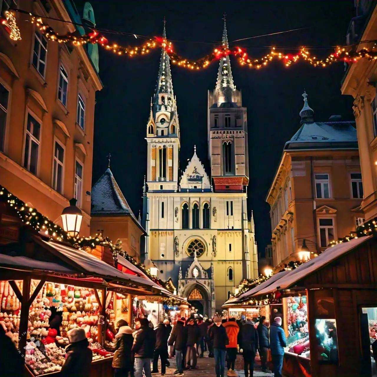 A bustling Christmas market at night with light-decorated stalls. A large cathedral with twin spires stands illuminated in the background.