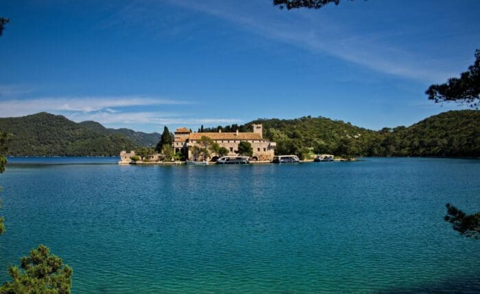 An islet with a medieval monastery on the island of Mljet in Croatia