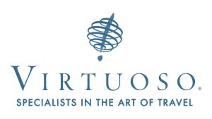 Virtuoso logo with a spiral globe graphic above the words "Virtuoso Specialists in the Art of Travel" in blue text.