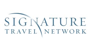 Signature Travel Network logo with blue serif text and a curved swoosh crossing through the word "Signature" on a white background.
